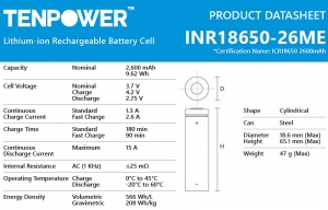 Акумулятор Li-ion Tenpower INR18650-26ME високострумовий